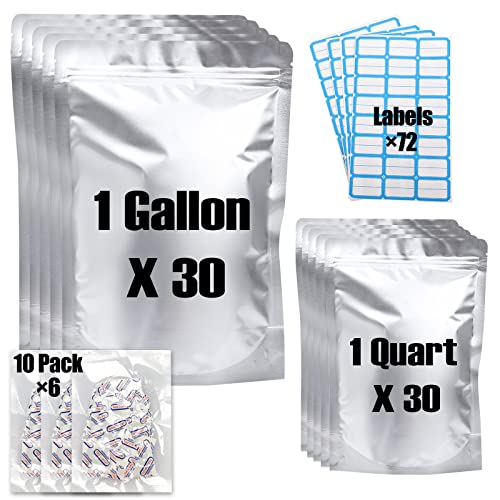 GOGOODA Mylar Bags for Food Storage with Oxygen Absorbers 60 Pack Resealable Bags 2 Size Gallon Quart Stand Up Mylar Bags with Labels, 10x14"/30 Pack, 7x10"/30 pack