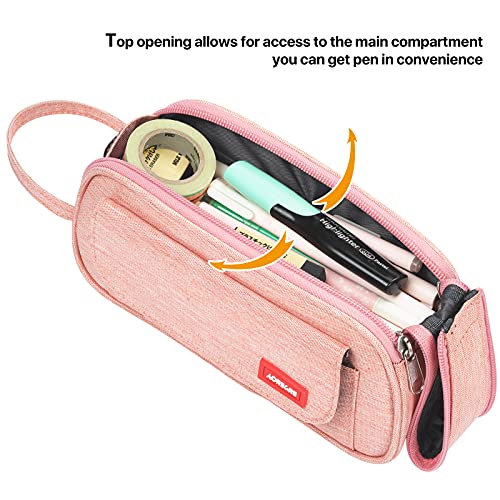 AOREGRE Pencil Case Big Capacity Pencil Bag School Pencil Case Portable Office Stationery Makeup Bag College Supplies School College Office Organizer for Student Teens Girls Adults - Pink