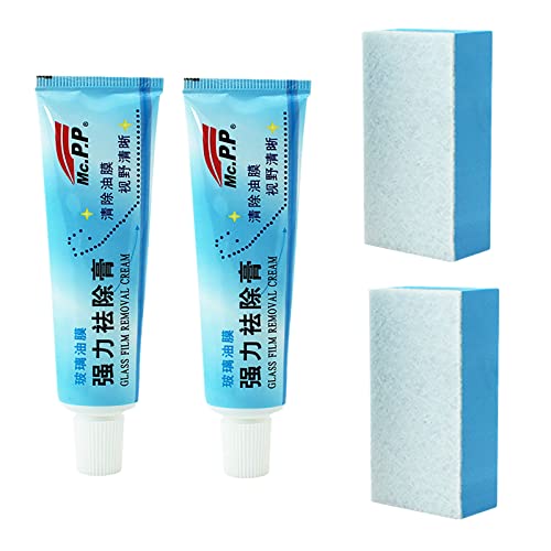 Car Glass Oil Film Cleaner - Glass Film Removal Cream with Sponge - Glass Oil Film Removing Paste - Car Windshield Oil Film Cleaner - Glass Stripper Water Spot Remover - Glass Oil Film Remover (2PCS)