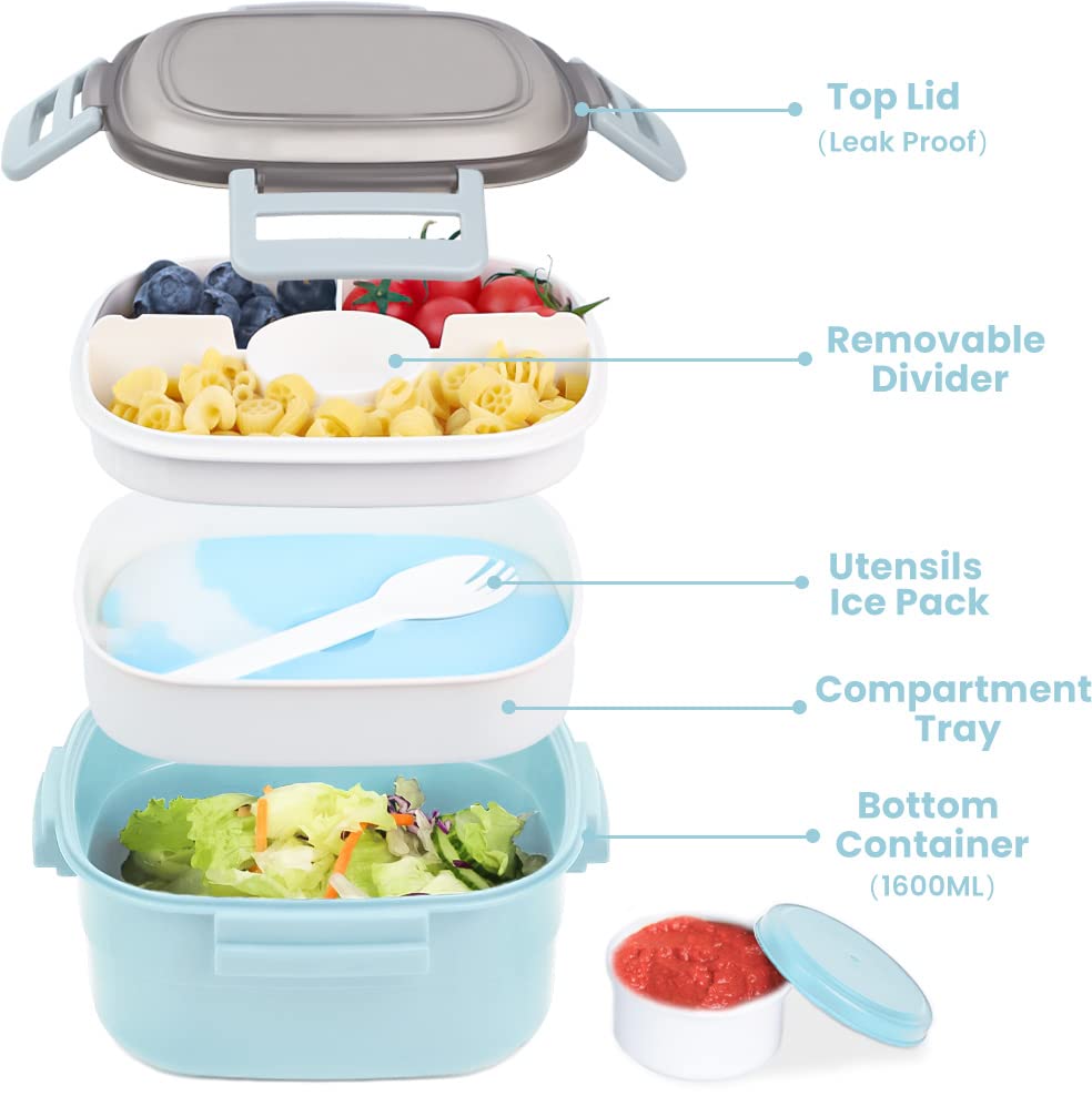 Bugucat Bento Box 54 Oz, Lunch Box with 3 Compartments and Cutlery, Reusable Lunch Containers with Ice Pack, Adults Food Storage Containers for Work Picnic, Dishwasher-safe, BPA-Free