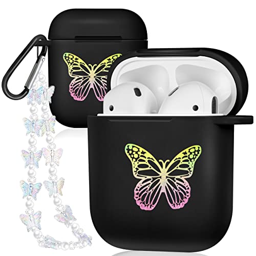 JoySolar Butterfly Case for AirPod 1/2 Aesthetic Cute Cases Women Girls Girly for AirPods 1st/2nd Generation Cover Soft TPU Pretty Kawaii Funny Stylish with Keychain for Air Pods 1/2(Black Butterfly)