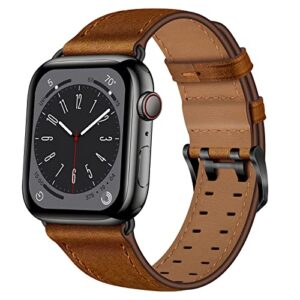 OUHENG Leather Bands Compatible with Apple Watch Band 49mm 45mm 44mm 42mm, Genuine Leather Replacement Band Strap Wristband for iWatch Ultra Series 8 7 6 5 4 3 2 1 SE2 SE Men Women, Retro Brown/Black