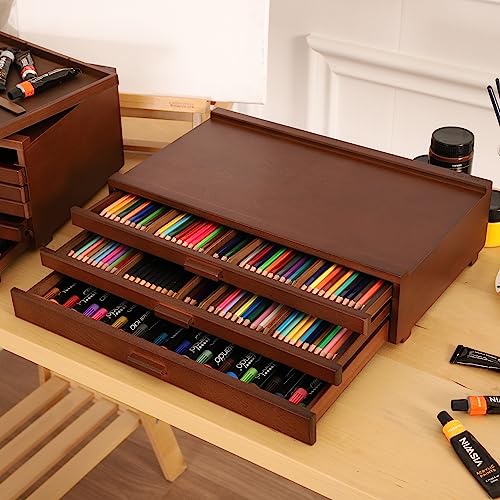 VISWIN Upgraded 3-Drawer Wood Artist Supply Storage Box with Removable Dividers, Premium Beech Wood Art Storage Box, Portable Organizer Box for Paints, Pastels, Pencils, Brushes and Art Supplies