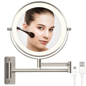 rechargeable wall mounted lighted makeup mirror, 8" large 1x/10x magnifying vanity mirror with 3 color lights, 17 inch extendable bathroom mirror nickel, dimmable 360° swivel shaving light up mirror