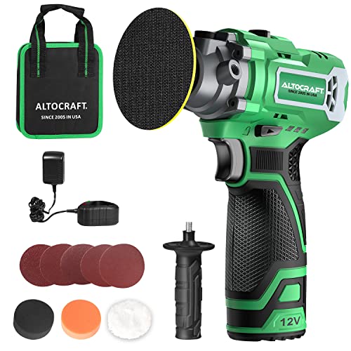 ALTOCRAFT Mini Polisher & Sander 3-inch, 12V Compact Cordless Small Buffer Waxer w/2.0Ah Battery,Variable Speed,5 Sandpapers,2 Flat Pads,Wool Pad for Car Detailing/DIY Polishing/Sanding/Waxing