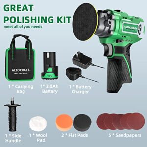 ALTOCRAFT Mini Polisher & Sander 3-inch, 12V Compact Cordless Small Buffer Waxer w/2.0Ah Battery,Variable Speed,5 Sandpapers,2 Flat Pads,Wool Pad for Car Detailing/DIY Polishing/Sanding/Waxing
