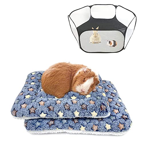 2 Packs of Square Plush Guinea Pig Bed and 1 Small Animals Playpen, Cozy Hamsters Sugar Glider Hedgehog Sleep Bed, Rabbit Cage Accessories Mat