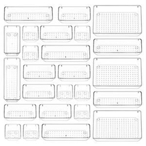 puricon 25 pcs clear desk drawer organizers set, 4-size plastic bedroom vanity dresser tray acrylic bathroom storage bins for makeups jewelries kitchen utensils gadgets office accessories -clear