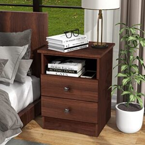 uyihome walnut nightstand with storage drawers and open shelf, 2 drawers end table with sturdy base, farmhouse wood nightstand bedside table sofa-side accent table for bedroom