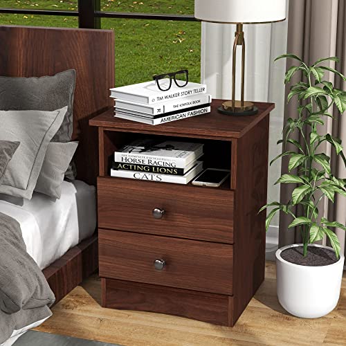 UYIHOME Walnut Nightstand with Storage Drawers and Open Shelf, 2 Drawers End Table with Sturdy Base, Farmhouse Wood Nightstand Bedside Table Sofa-Side Accent Table for Bedroom