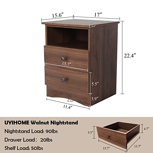 UYIHOME Walnut Nightstand with Storage Drawers and Open Shelf, 2 Drawers End Table with Sturdy Base, Farmhouse Wood Nightstand Bedside Table Sofa-Side Accent Table for Bedroom