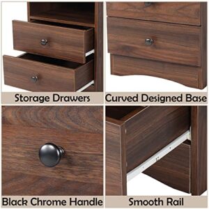 UYIHOME Walnut Nightstand with Storage Drawers and Open Shelf, 2 Drawers End Table with Sturdy Base, Farmhouse Wood Nightstand Bedside Table Sofa-Side Accent Table for Bedroom