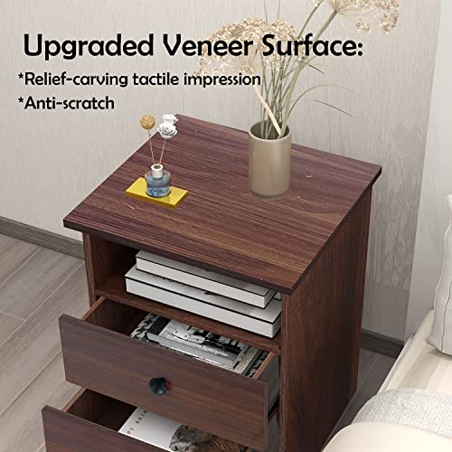 UYIHOME Walnut Nightstand with Storage Drawers and Open Shelf, 2 Drawers End Table with Sturdy Base, Farmhouse Wood Nightstand Bedside Table Sofa-Side Accent Table for Bedroom