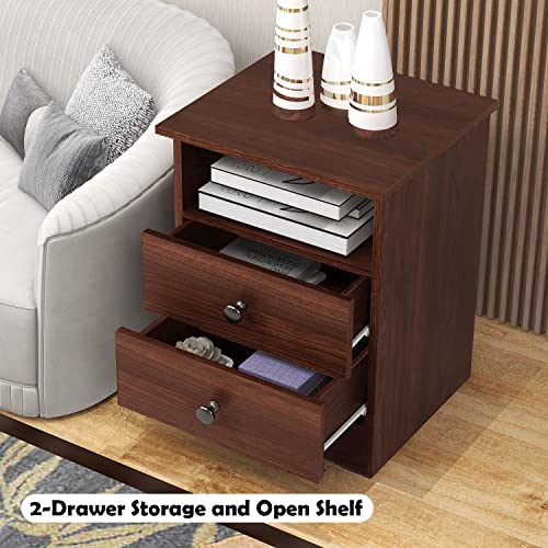 UYIHOME Walnut Nightstand with Storage Drawers and Open Shelf, 2 Drawers End Table with Sturdy Base, Farmhouse Wood Nightstand Bedside Table Sofa-Side Accent Table for Bedroom