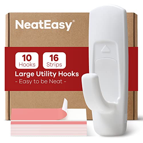 NeatEasy Large Utility Hooks, 10-Hooks, 16-Strips, Organize Damage-Free, 5lbs(Max) Wall Hooks, Waterproof Hooks for Hanging, Adhesive Hooks, Wall Hook