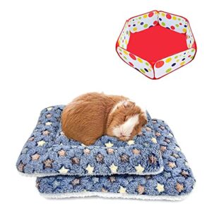 2 Packs of Square Plush Guinea Pig Bed and 1 Small Animals Playpen (Size S), Cozy Hamsters Sugar Glider Hedgehog Sleep Bed, Rabbit Cage Accessories Mat