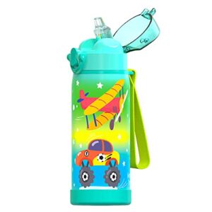 insulated water bottle with straw for kids boys girls, durable stainless steel & leak proof one click open soft straw & protective silicone boot, 16oz - airplane & truck