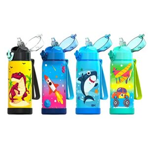 Insulated Water Bottle with Straw for Kids Boys Girls, Durable Stainless Steel & Leak Proof One Click Open Soft Straw & Protective Silicone Boot, 16oz - Airplane & Truck