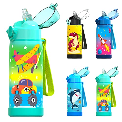 Insulated Water Bottle with Straw for Kids Boys Girls, Durable Stainless Steel & Leak Proof One Click Open Soft Straw & Protective Silicone Boot, 16oz - Airplane & Truck