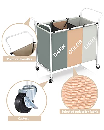 Laundry Sorter, Nerveol 44 Gallons Laundry Basket Laundry Hamper 3 Section with Heavy Duty Rolling Lockable Wheels and Removable Bags, 3 Bag Laundry Organizer Cart for Clothes Storage
