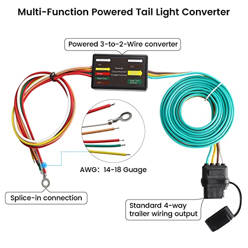 MECMO Multi-Function LED Compatible Powered 3-to-2-Wire Splice-in Tail Light Converter Harness 56236, Convert Separate Turn and Stop Lights to Standard 2-Wire Trailer Light Wiring, 4-Way Flat Harness