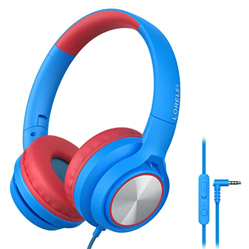 LORELEI E7 Kids Headphones with Microphone,On-Ear Wired Headset for Children/Boys/Girls,85/94dB Safe Volume,Foldable&Rotatable3.5mm Audio Jack Tangle-Free for School/iPad/Laptop/Travel (Blue&Red)