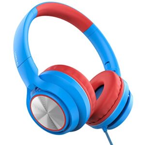 lorelei e7 kids headphones with microphone,on-ear wired headset for children/boys/girls,85/94db safe volume,foldable&rotatable3.5mm audio jack tangle-free for school/ipad/laptop/travel (blue&red)