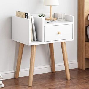 iotxy bedroom wooden night stand - bedside cabinet with storage drawer and bookcase, compact nightstands in white