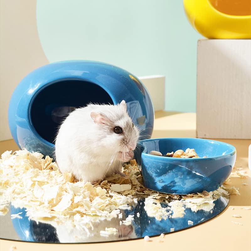 Weixiyang Ceramic Hamster House and Bowl, Hamster Supplies, Small Animal Habitat Decoration, Small pet pet cage Accessories Nesting Basin, Ideal for Dwarf Hamsters and Gerbils (Blue)