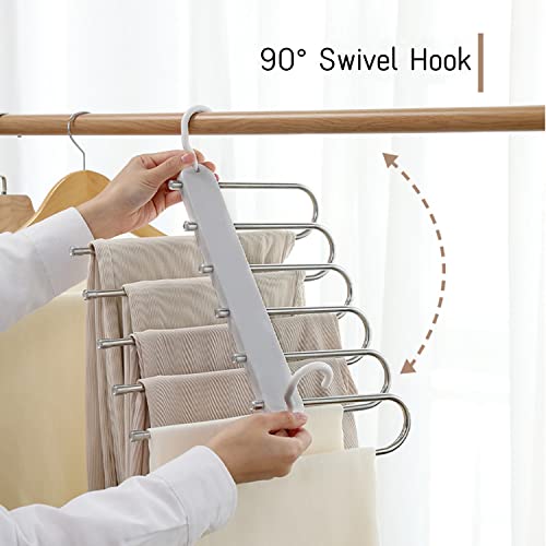 Pants Hangers Space Saving | Lerkumey Non-Slip Clothes Hangers | Multifunctional Clothes Pants Hangers Closet Storage Organizer | 6 Layered Pants Rack Organizer for Scarf Jeans Trousers（Grey）