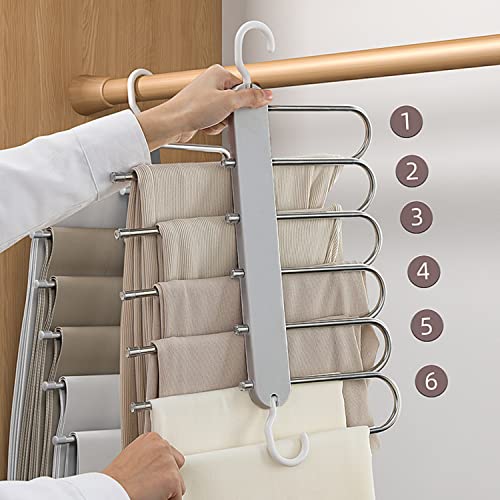 Pants Hangers Space Saving | Lerkumey Non-Slip Clothes Hangers | Multifunctional Clothes Pants Hangers Closet Storage Organizer | 6 Layered Pants Rack Organizer for Scarf Jeans Trousers（Grey）