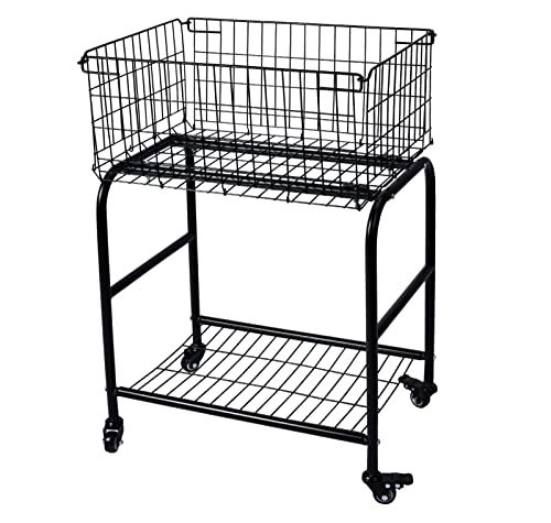 Rolling wire Laundry Basket with Wheels,Metal luandry cart for Room Organizer, garment laundry and storage (Black)