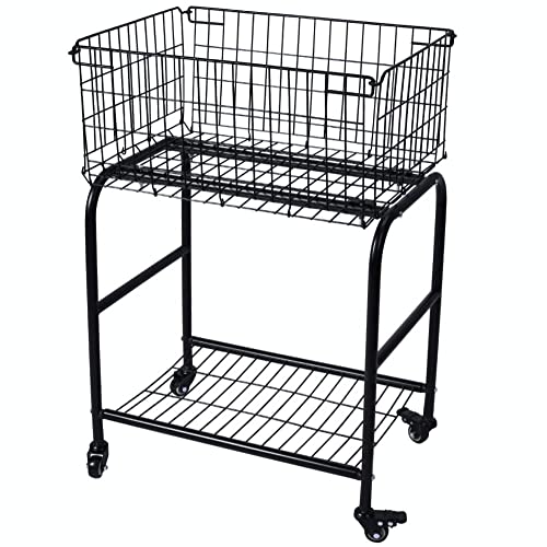 Rolling wire Laundry Basket with Wheels,Metal luandry cart for Room Organizer, garment laundry and storage (Black)