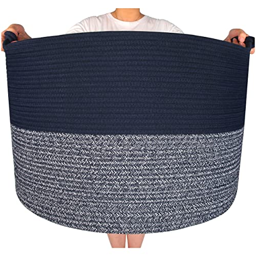 MINTWOOD Design XXXXLarge 22 x 16 Inches Decorative Cotton Rope Basket, Blanket Basket Living Room, Laundry Basket, Woven Basket, Toy Storage Baskets Bin, Round Basket for Pillows, Towels, Navy Blue