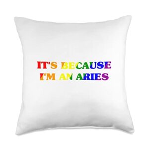 lgbt it's because i'm an aries astrology shirt it's because i'm an aries lgbtq gay pride zodiac rainbow throw pillow, 18x18, multicolor