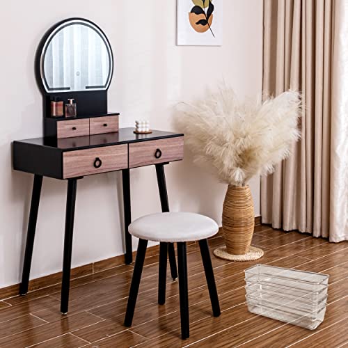 Rose Vanity Makeup Vanity Dressing Table with Lighted Mirror, 3 Lighting Intensity Levels, 5-Piece Vanity Organizers, Soft Cushioned Stool - Black & Brown VD White