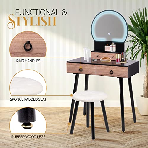 Rose Vanity Makeup Vanity Dressing Table with Lighted Mirror, 3 Lighting Intensity Levels, 5-Piece Vanity Organizers, Soft Cushioned Stool - Black & Brown VD White