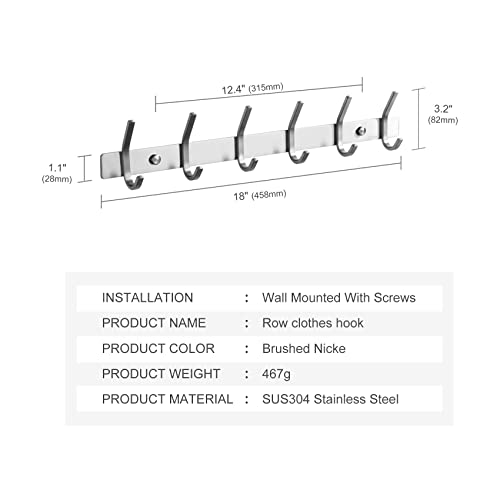 Simin&Liming Bathroom SUS304 Stainless Steel Coat Rack Wall Mounted Coat Hooks Wall Mounted Hanger Wall Hook Rack 6 Hooks for Hanging Coats Hats Jacket Clothes Available Behind The Room Door