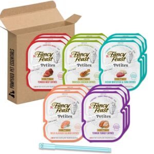 pampered pet essentials fancy feast petites wet cat food variety 5 flavor pack (30 servings) - bundled with writing cat pen (pate)