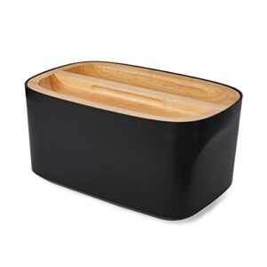 sonder los angeles, modern bamboo fiber (black) bread box for kitchen countertop with reversible wood serving lid, homemade bread storage 14.25 x 9.25 x 7in, storage bin and bread container