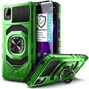 nznd case for tcl 30z (t602dl), tcl 30 le (verizon) with tempered glass screen protector (maximum coverage), full-body protective [military-grade], magnetic car ring holder cover case (green)