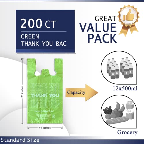 Green Thank you bags, 200PCS T shirt bags, To Go Bags,Grocery bags, Reusable and Disposable,Perfect for Small Business,Take Out,Retail, Large