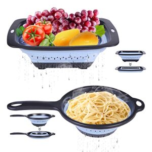 comuster set - 2 collapsible colanders (strainers), sizes 7.8" - 2 quart and 9" - 3 quart - perfect for your vegetables, fruits, pasta & more - with handle and square folding colander (blue )