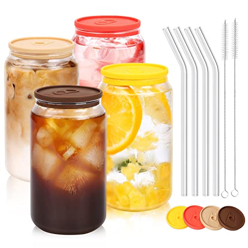 Glass Cups with Silicone Lids and Straws, 4pcs Set 16oz Beer Can Shaped Drinking Glasses, Cute Iced Coffee Glass Cups with 2 Cleaning Brushes, Perfect for Cocktail, Soda, Juice, Whiskey, Gift