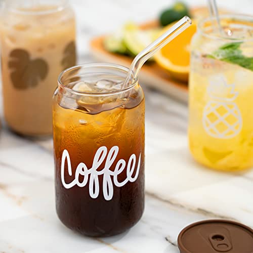 Glass Cups with Silicone Lids and Straws, 4pcs Set 16oz Beer Can Shaped Drinking Glasses, Cute Iced Coffee Glass Cups with 2 Cleaning Brushes, Perfect for Cocktail, Soda, Juice, Whiskey, Gift