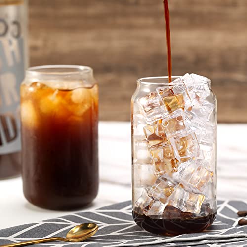 Glass Cups with Silicone Lids and Straws, 4pcs Set 16oz Beer Can Shaped Drinking Glasses, Cute Iced Coffee Glass Cups with 2 Cleaning Brushes, Perfect for Cocktail, Soda, Juice, Whiskey, Gift