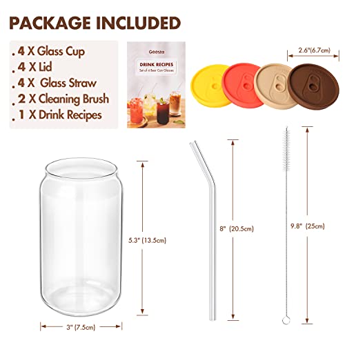 Glass Cups with Silicone Lids and Straws, 4pcs Set 16oz Beer Can Shaped Drinking Glasses, Cute Iced Coffee Glass Cups with 2 Cleaning Brushes, Perfect for Cocktail, Soda, Juice, Whiskey, Gift