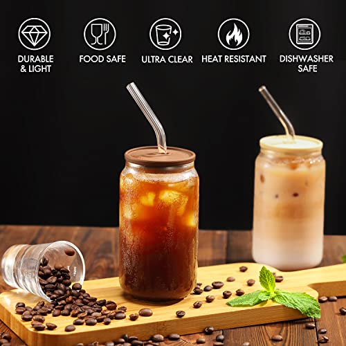 Glass Cups with Silicone Lids and Straws, 4pcs Set 16oz Beer Can Shaped Drinking Glasses, Cute Iced Coffee Glass Cups with 2 Cleaning Brushes, Perfect for Cocktail, Soda, Juice, Whiskey, Gift