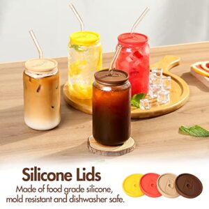 Glass Cups with Silicone Lids and Straws, 4pcs Set 16oz Beer Can Shaped Drinking Glasses, Cute Iced Coffee Glass Cups with 2 Cleaning Brushes, Perfect for Cocktail, Soda, Juice, Whiskey, Gift