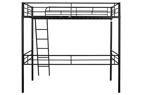 HomSof Twin Loft Metal Heavy Duty High Bunk Bed with Safety Guard Rails and Ladder, No Box Spring Needed, Black